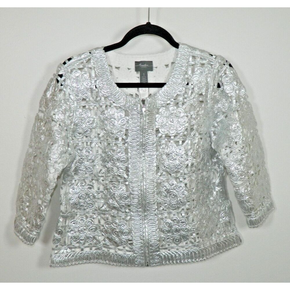 Chicos Travelers Jacket‎ Size Small (1)  Silver Foiled Laser Cut Bomber Zipper